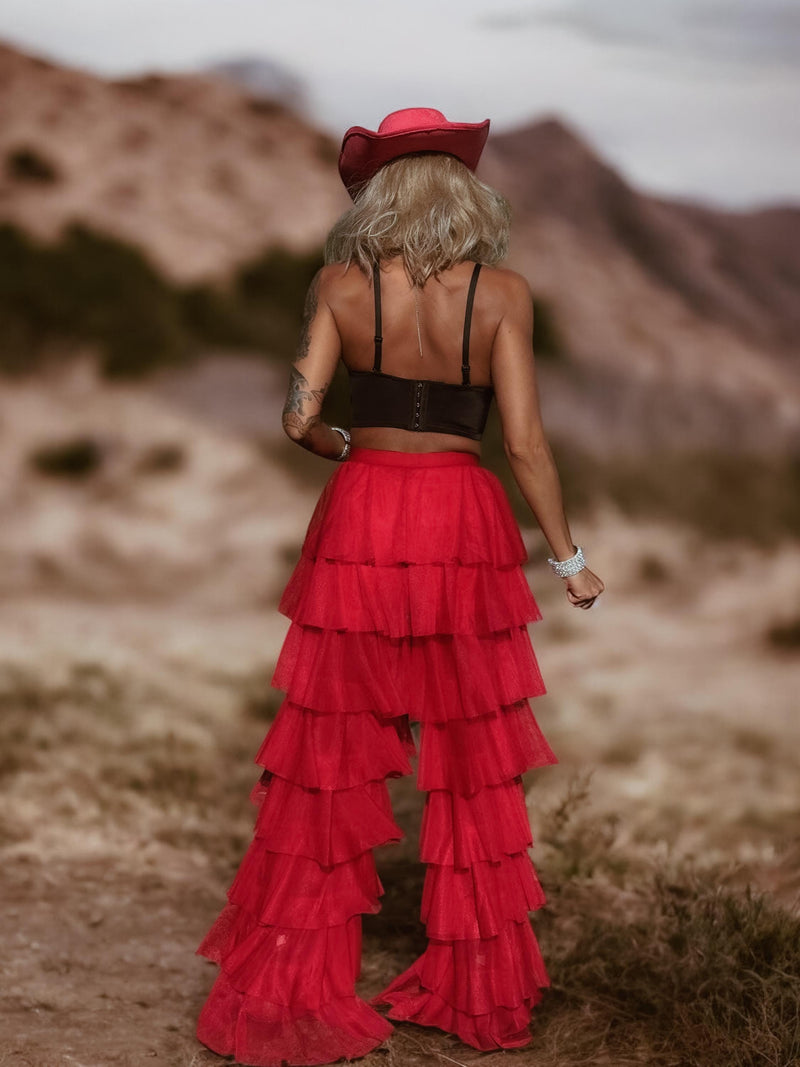 Red Tulle Pants, Layered Tutu Pants, Fringe Festival Dance Pants, Country Rave Western Hippie70 Fashion Flamenco Costume Pants, Ruffle Pants