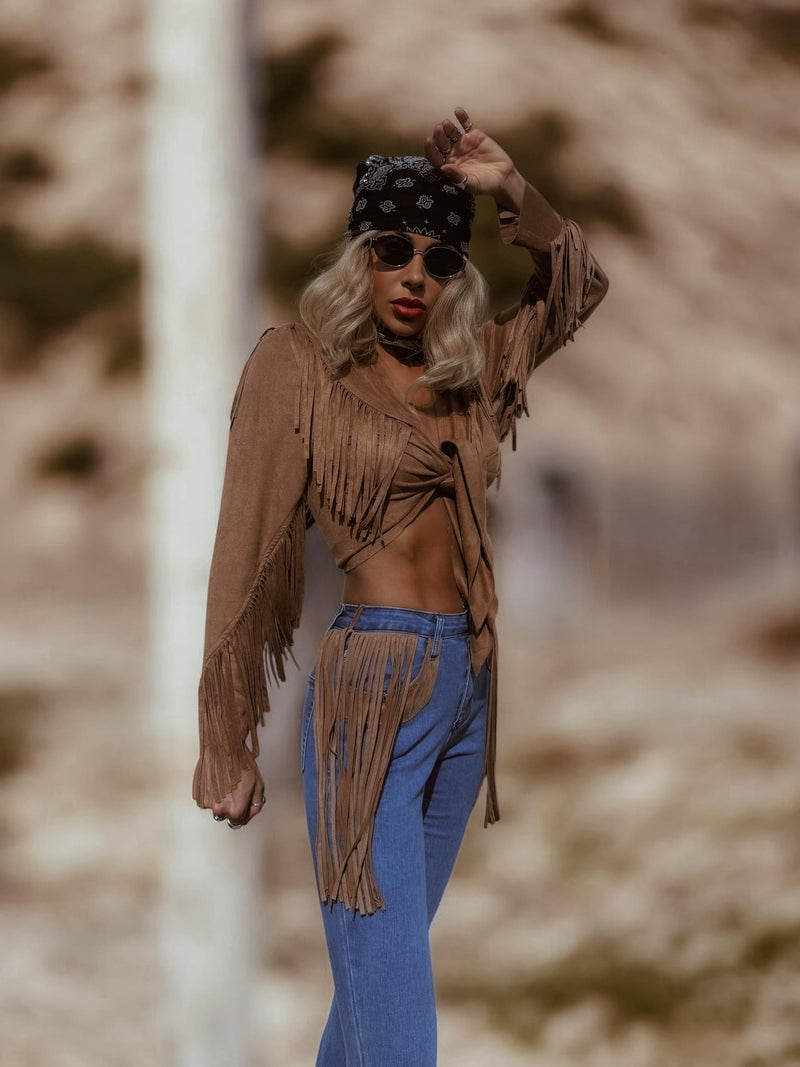 Bohemian Faux Suede Fringe Jacket, Front Tie Fringe Suede Kimono Jacket, Western Suede Fringe Jacket, Country Girl Cowgirl Jacket