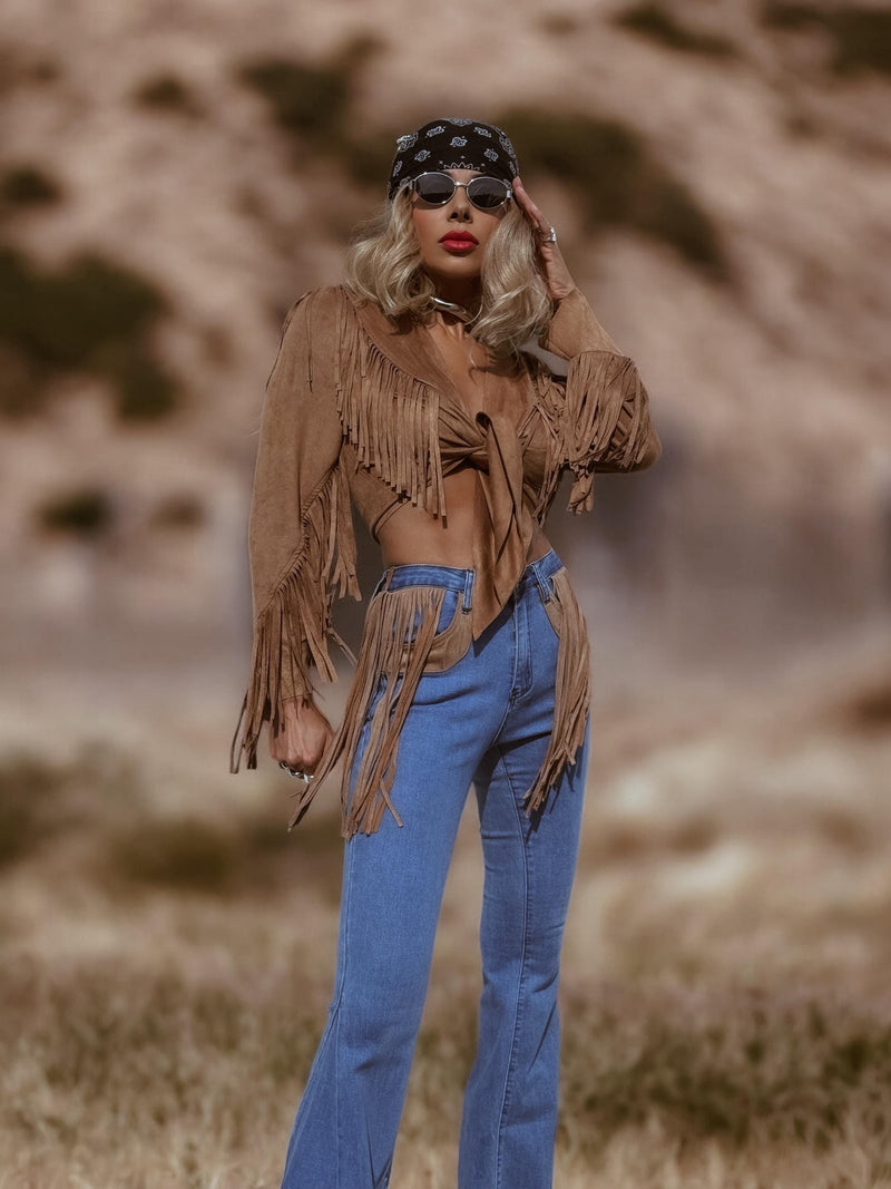 Bohemian Faux Suede Fringe Jacket, Front Tie Fringe Suede Kimono Jacket, Western Suede Fringe Jacket, Country Girl Cowgirl Jacket