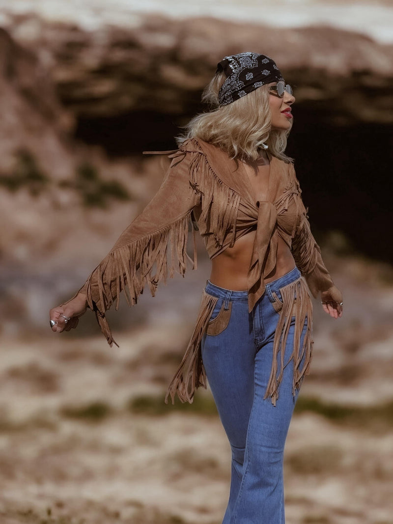 Bohemian Faux Suede Fringe Jacket, Front Tie Fringe Suede Kimono Jacket, Western Suede Fringe Jacket, Country Girl Cowgirl Jacket