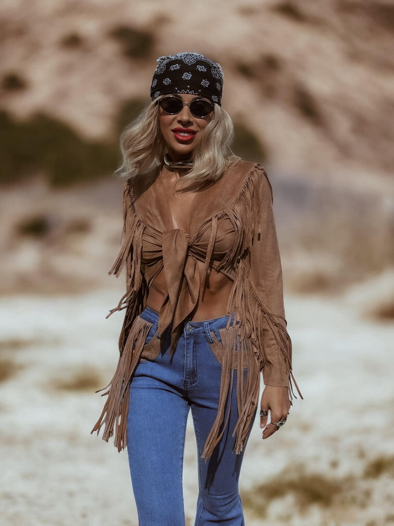 Bohemian Faux Suede Fringe Jacket, Front Tie Fringe Suede Kimono Jacket, Western Suede Fringe Jacket, Country Girl Cowgirl Jacket