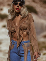 Bohemian Faux Suede Fringe Jacket, Front Tie Fringe Suede Kimono Jacket, Western Suede Fringe Jacket, Country Girl Cowgirl Jacket