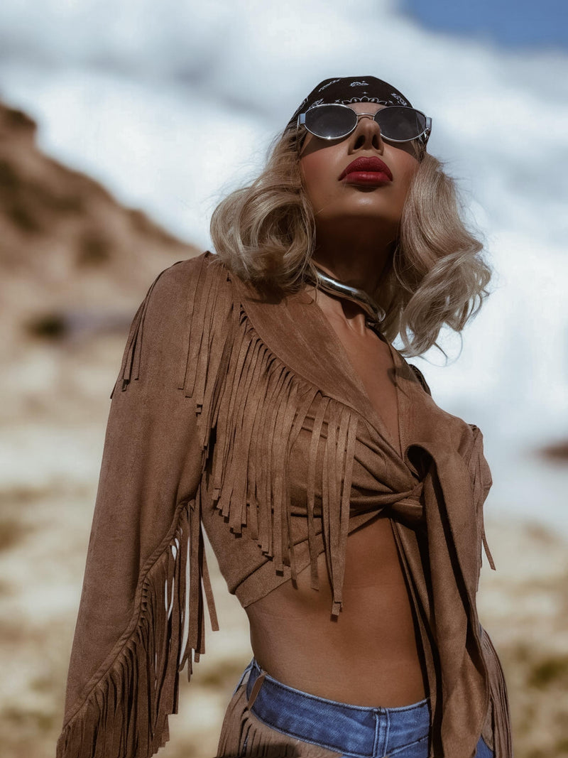 Bohemian Faux Suede Fringe Jacket, Front Tie Fringe Suede Kimono Jacket, Western Suede Fringe Jacket, Country Girl Cowgirl Jacket