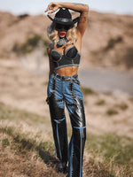 Pu Leather Chaps Panel Western Pants, Cowgirl Chaps, Studded Pu Leather Chaps Bootcut Denim, Studded Festival Chaps, Country Western Costume