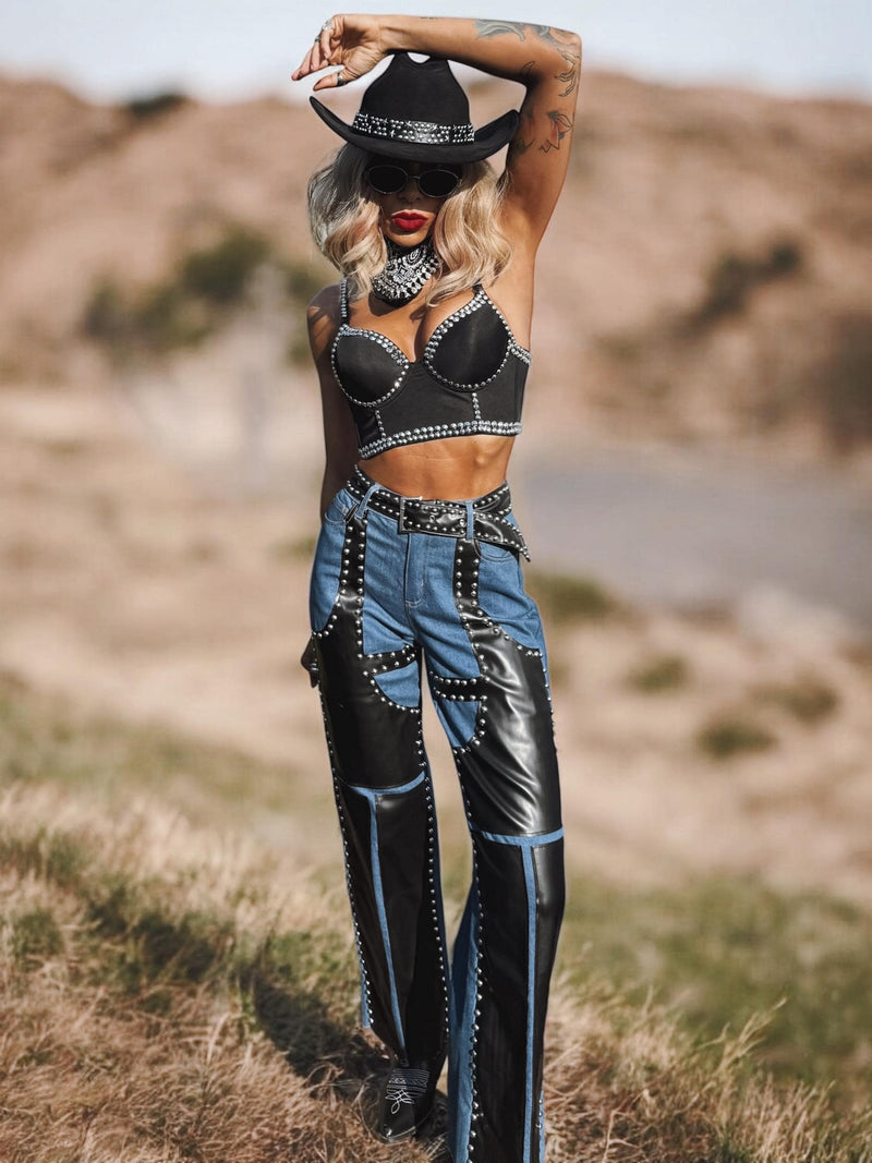 Pu Leather Chaps Panel Western Pants, Cowgirl Chaps, Studded Pu Leather Chaps Bootcut Denim, Studded Festival Chaps, Country Western Costume