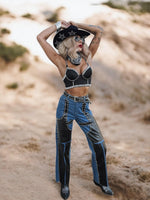 Pu Leather Chaps Panel Western Pants, Cowgirl Chaps, Studded Pu Leather Chaps Bootcut Denim, Studded Festival Chaps, Country Western Costume