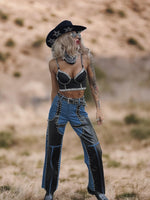 Pu Leather Chaps Panel Western Pants, Cowgirl Chaps, Studded Pu Leather Chaps Bootcut Denim, Studded Festival Chaps, Country Western Costume