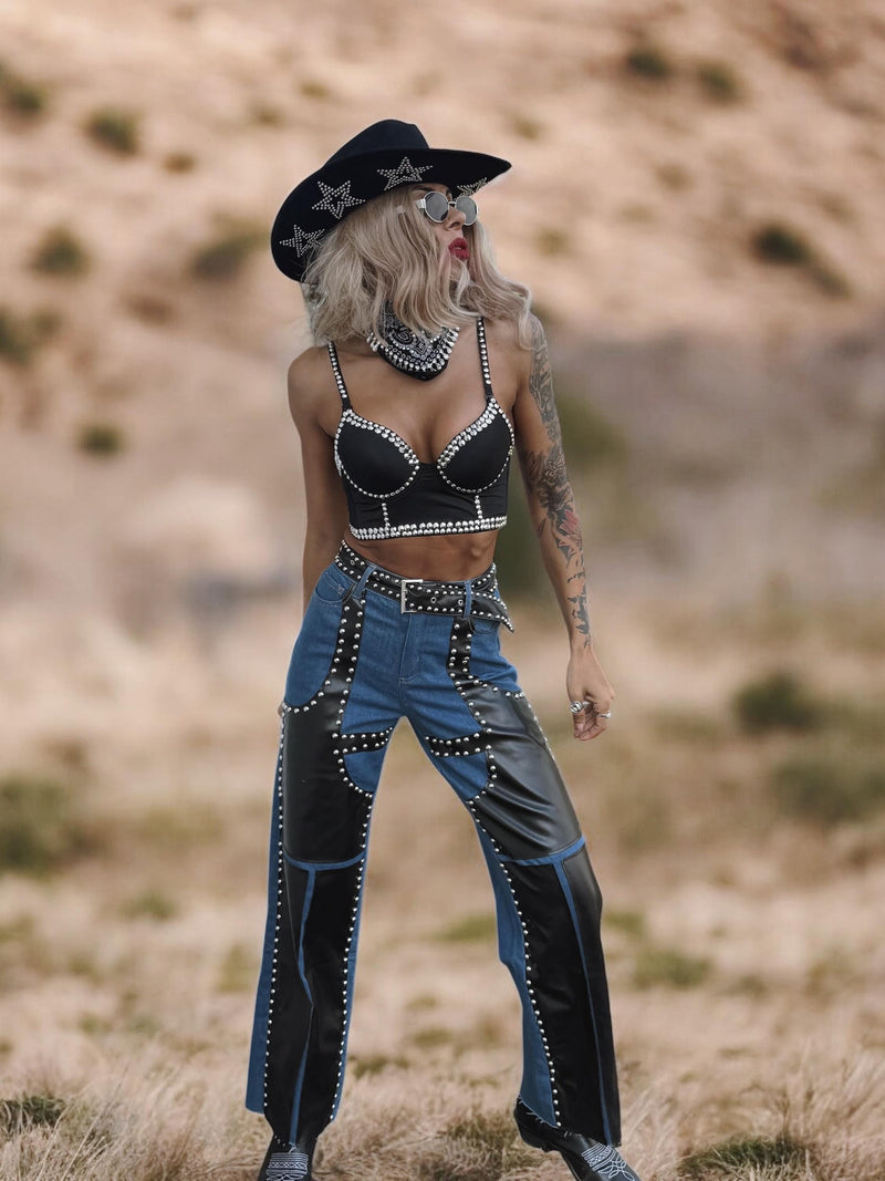 Pu Leather Chaps Panel Western Pants, Cowgirl Chaps, Studded Pu Leather Chaps Bootcut Denim, Studded Festival Chaps, Country Western Costume