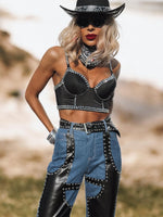 Pu Leather Chaps Panel Western Pants, Cowgirl Chaps, Studded Pu Leather Chaps Bootcut Denim, Studded Festival Chaps, Country Western Costume