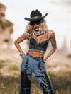 Pu Leather Chaps Panel Western Pants, Cowgirl Chaps, Studded Pu Leather Chaps Bootcut Denim, Studded Festival Chaps, Country Western Costume