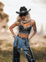 Pu Leather Chaps Panel Western Pants, Cowgirl Chaps, Studded Pu Leather Chaps Bootcut Denim, Studded Festival Chaps, Country Western Costume