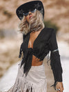 Bohemian Faux Suede Black Fringe Kimono, Front Tie Fringe Suede Kimono Jacket, Western Suede Fringe Jacket, Country Girl Cowgirl Jacket