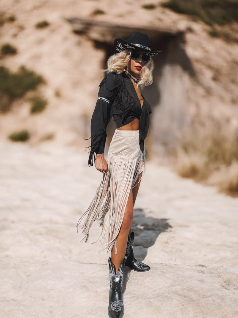 Khaki Faux Suede Fringe Western Shorts, Chaps Long Fringe Shorts, Festival Shorts, Country Western Cowgirl Outfit, Cowboy Fringe Shorts