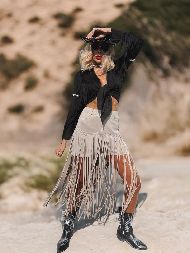 Khaki Faux Suede Fringe Western Shorts, Chaps Long Fringe Shorts, Festival Shorts, Country Western Cowgirl Outfit, Cowboy Fringe Shorts