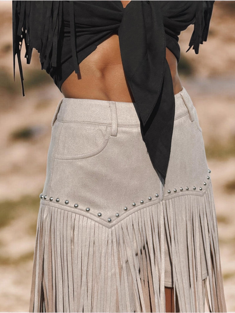 Khaki Faux Suede Fringe Western Shorts, Chaps Long Fringe Shorts, Festival Shorts, Country Western Cowgirl Outfit, Cowboy Fringe Shorts
