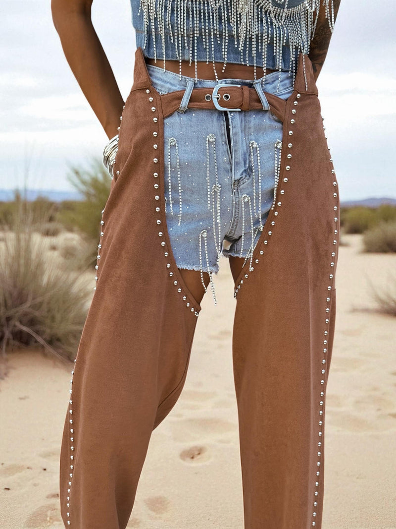 Faux Suede Cowgirl Chaps: Silver Studded Western Style