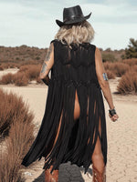 Black Beaded Fringe Vest: Macrame-Style Cowgirl Glam Top