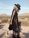 Black Beaded Fringe Vest: Macrame-Style Cowgirl Glam Top