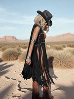 Black Beaded Fringe Vest: Macrame-Style Cowgirl Glam Top