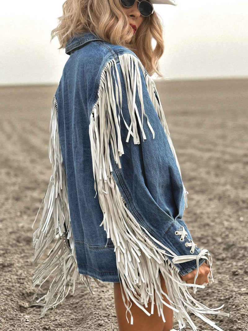 Oversize Fringe Denim Cowgirl Jacket, Fringe Western Jacket, Bridal Fringe Jacket, Denim Festival Jacket, Western Glam Outfit Jacket