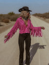 Pink Faux Suede Fringe Shirt Jacket, Pink Cowgirl Jacket, Western Faux Suede Pink Fringe Jacket, Western Glam Pink Western Shirt