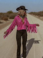 Pink Faux Suede Fringe Shirt Jacket, Pink Cowgirl Jacket, Western Faux Suede Pink Fringe Jacket, Western Glam Pink Western Shirt