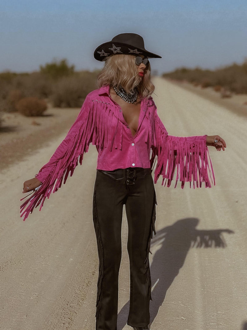 Pink Faux Suede Fringe Shirt Jacket, Pink Cowgirl Jacket, Western Faux Suede Pink Fringe Jacket, Western Glam Pink Western Shirt