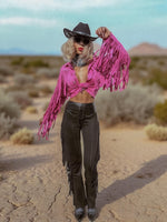 Pink Faux Suede Fringe Shirt Jacket, Pink Cowgirl Jacket, Western Faux Suede Pink Fringe Jacket, Western Glam Pink Western Shirt