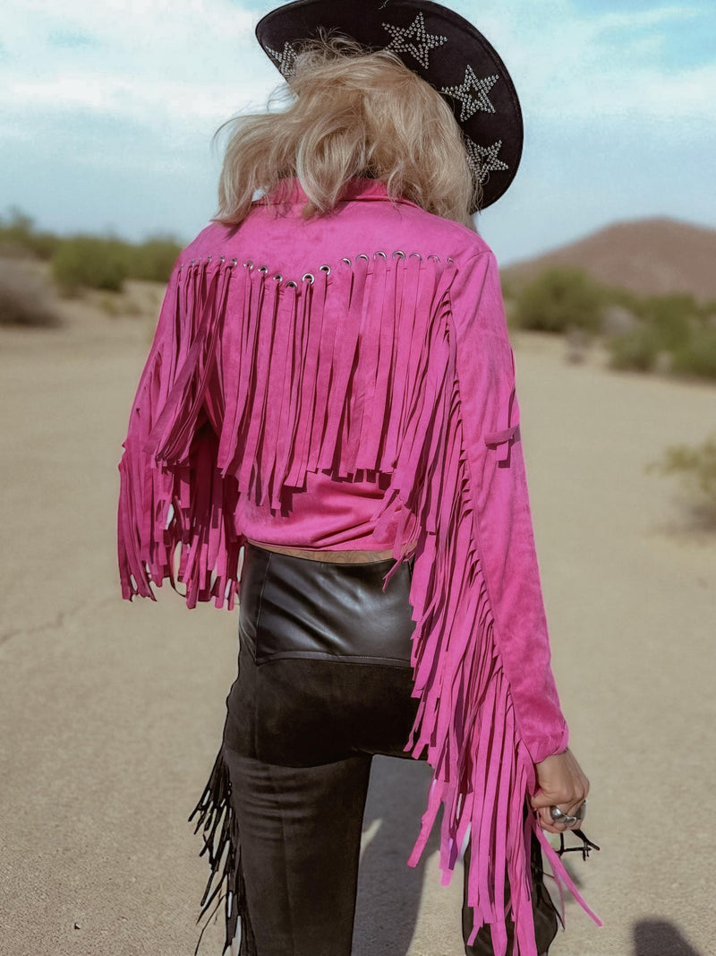 Pink Faux Suede Fringe Shirt Jacket, Pink Cowgirl Jacket, Western Faux Suede Pink Fringe Jacket, Western Glam Pink Western Shirt