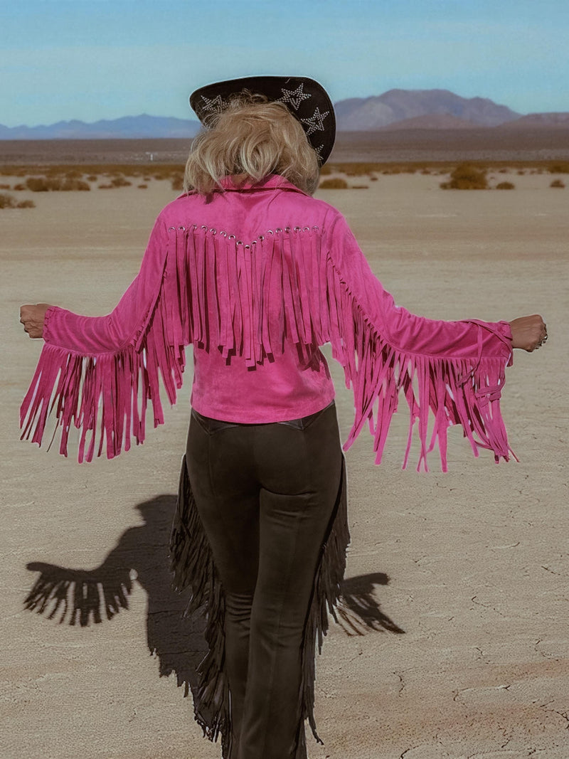 Pink Faux Suede Fringe Shirt Jacket, Pink Cowgirl Jacket, Western Faux Suede Pink Fringe Jacket, Western Glam Pink Western Shirt
