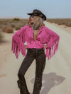 Pink Faux Suede Fringe Shirt Jacket, Pink Cowgirl Jacket, Western Faux Suede Pink Fringe Jacket, Western Glam Pink Western Shirt