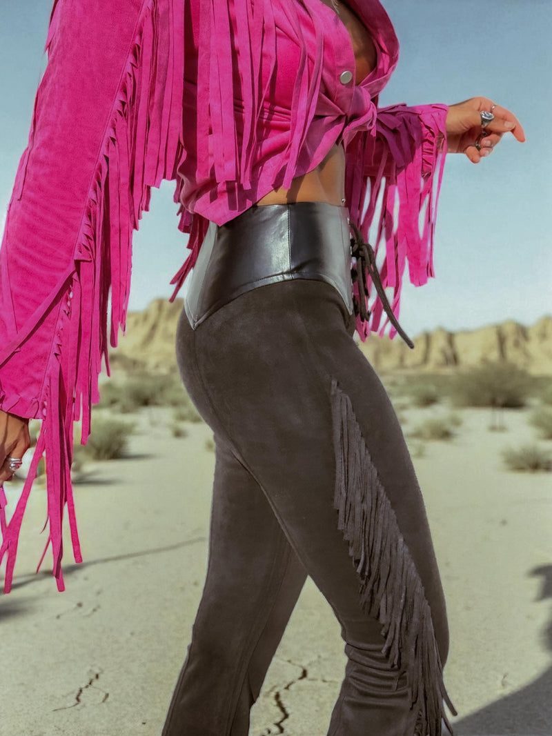 Fringe Flare Western Pants: PU Leather and Suede Chaps Pants, Western Cowgirl Style Chaps Pants, Western Glam Faux Suede Pants