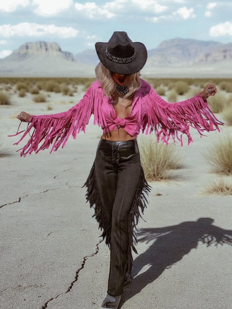 Fringe Flare Western Pants: PU Leather and Suede Chaps Pants, Western Cowgirl Style Chaps Pants, Western Glam Faux Suede Pants