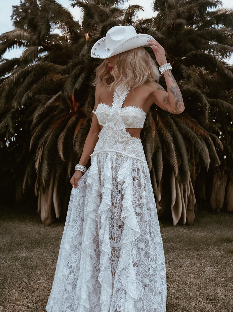 Boho Bridal Lace Gown, Bohemian Western Bride Dress, Bachelorette Party Dress, Boho Elopement Dress