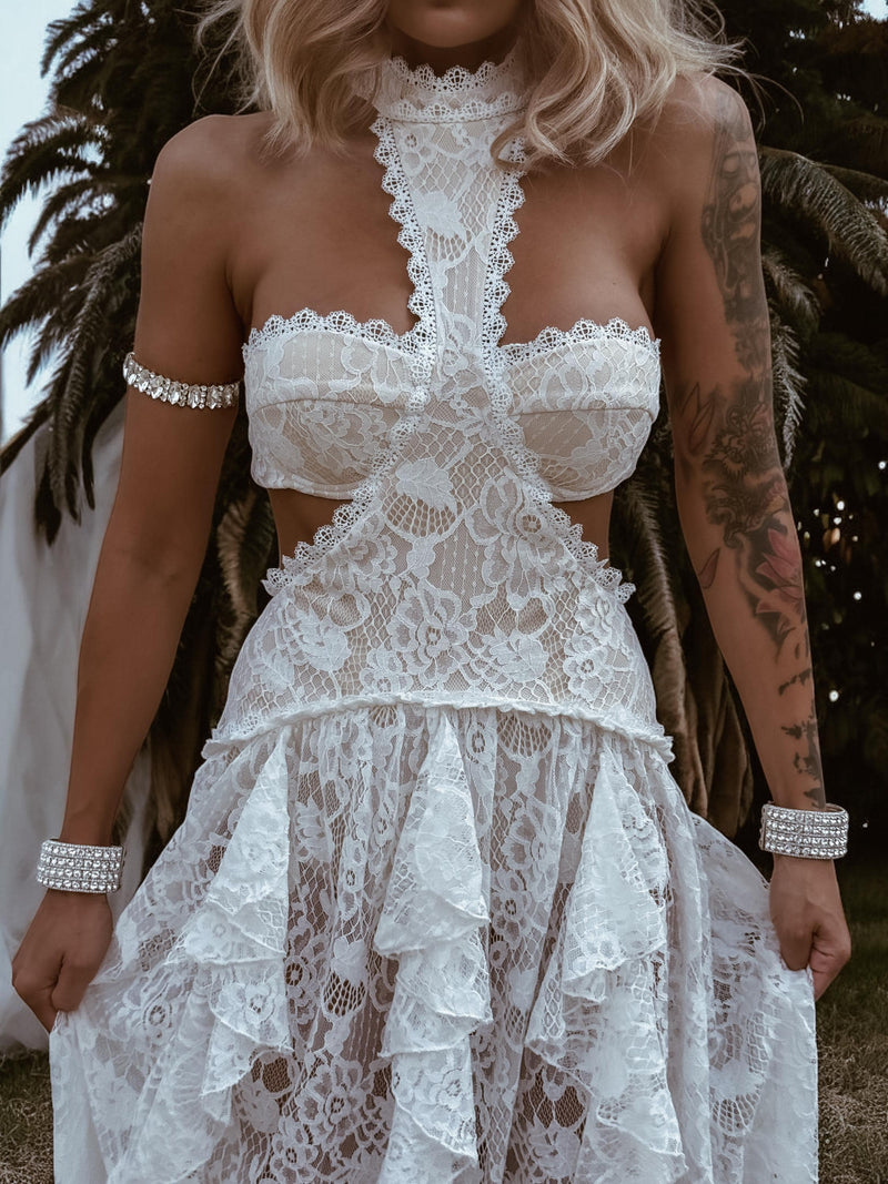 Boho Bridal Lace Gown, Bohemian Western Bride Dress, Bachelorette Party Dress, Boho Elopement Dress