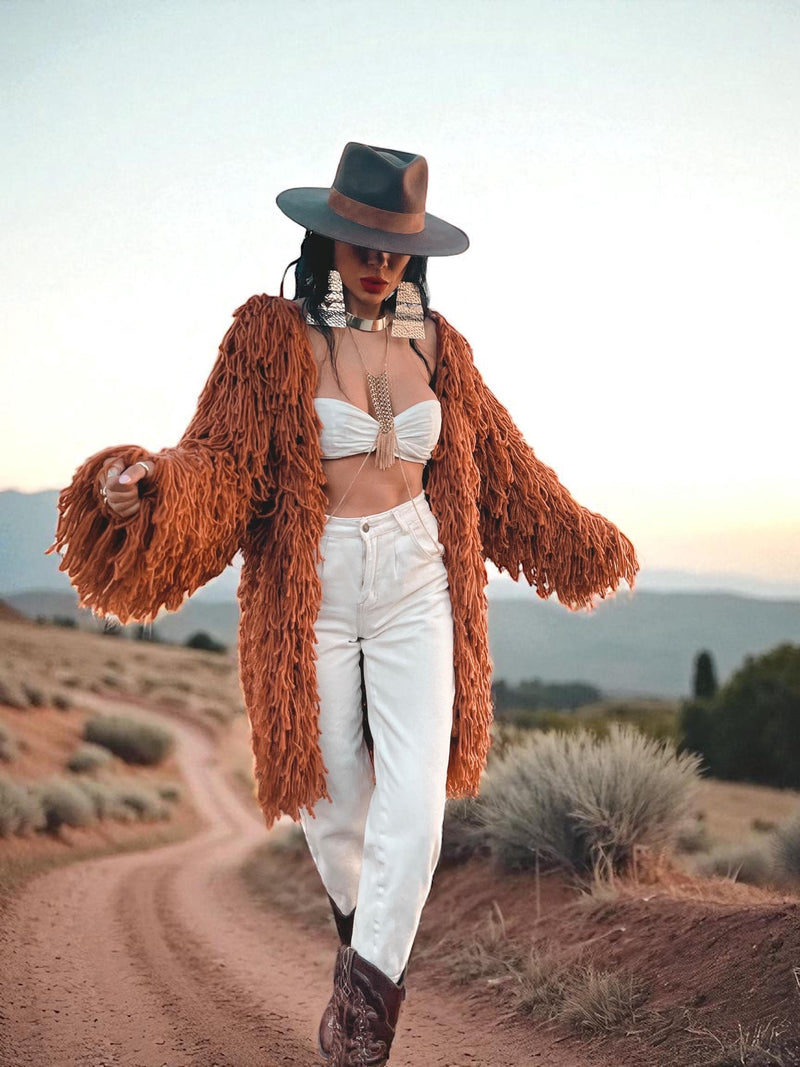 Boho Fringe Coat, Knit Fringe Mid Maxi Festival Coat, Tassel Kimono, Crochet Fringe Jacket, Bohemian Knitted Cardigan,Chunky Cardigan Jacket