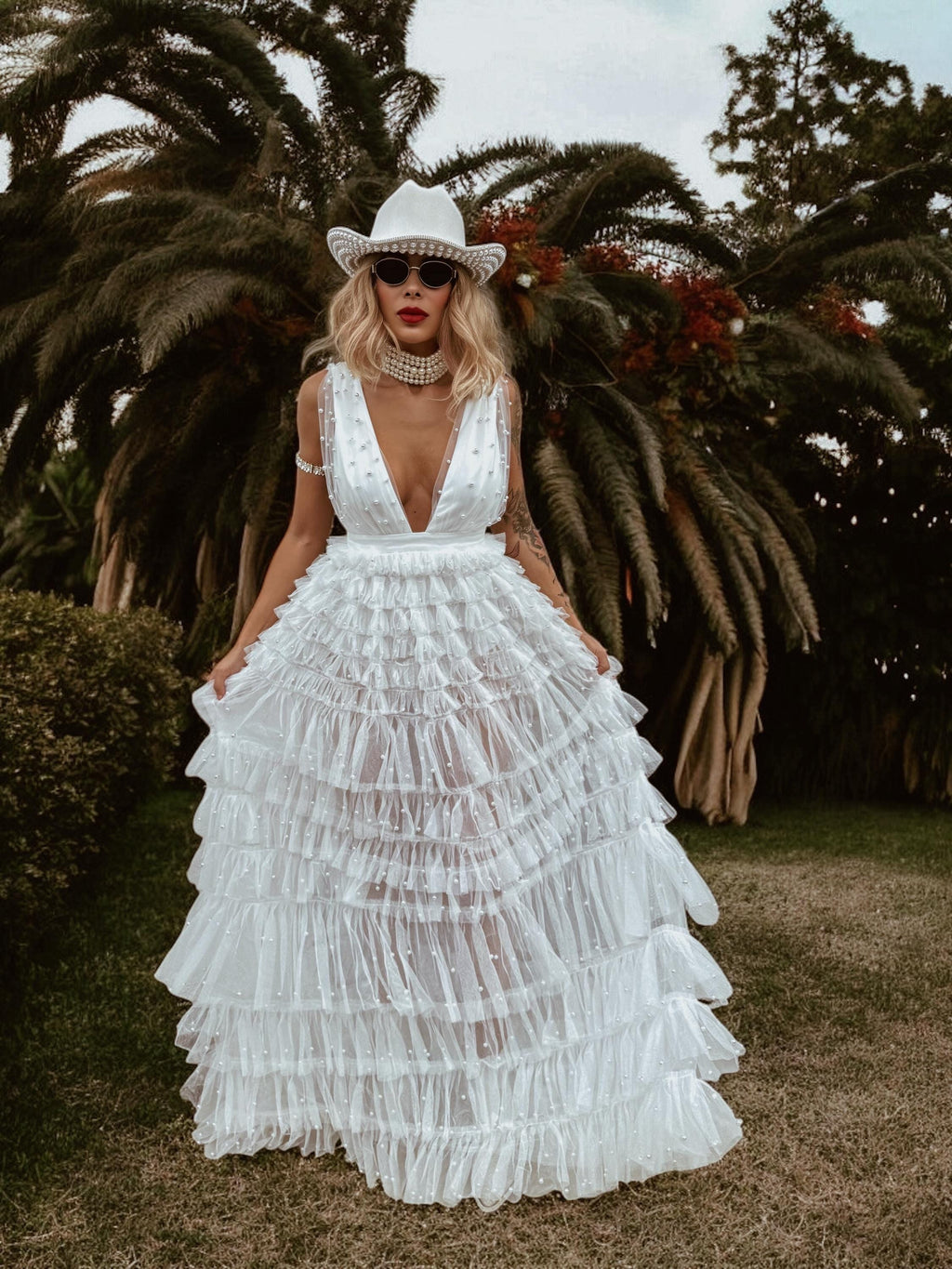 Boho Pearl Wedding Gown Dress, Western Tulle Bridal Dress, Pearl Embellished Reception Dress, Bohemian Elopement Romantic Dress