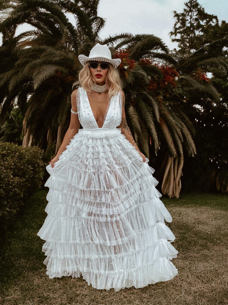 Boho Pearl Wedding Gown Dress, Western Tulle Bridal Dress, Pearl Embellished Reception Dress, Bohemian Elopement Romantic Dress