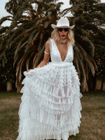 Boho Pearl Wedding Gown Dress, Western Tulle Bridal Dress, Pearl Embellished Reception Dress, Bohemian Elopement Romantic Dress