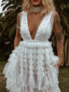 Boho Pearl Wedding Gown Dress, Western Tulle Bridal Dress, Pearl Embellished Reception Dress, Bohemian Elopement Romantic Dress