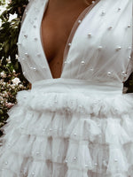 Boho Pearl Wedding Gown Dress, Western Tulle Bridal Dress, Pearl Embellished Reception Dress, Bohemian Elopement Romantic Dress