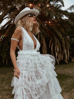Boho Pearl Wedding Gown Dress, Western Tulle Bridal Dress, Pearl Embellished Reception Dress, Bohemian Elopement Romantic Dress