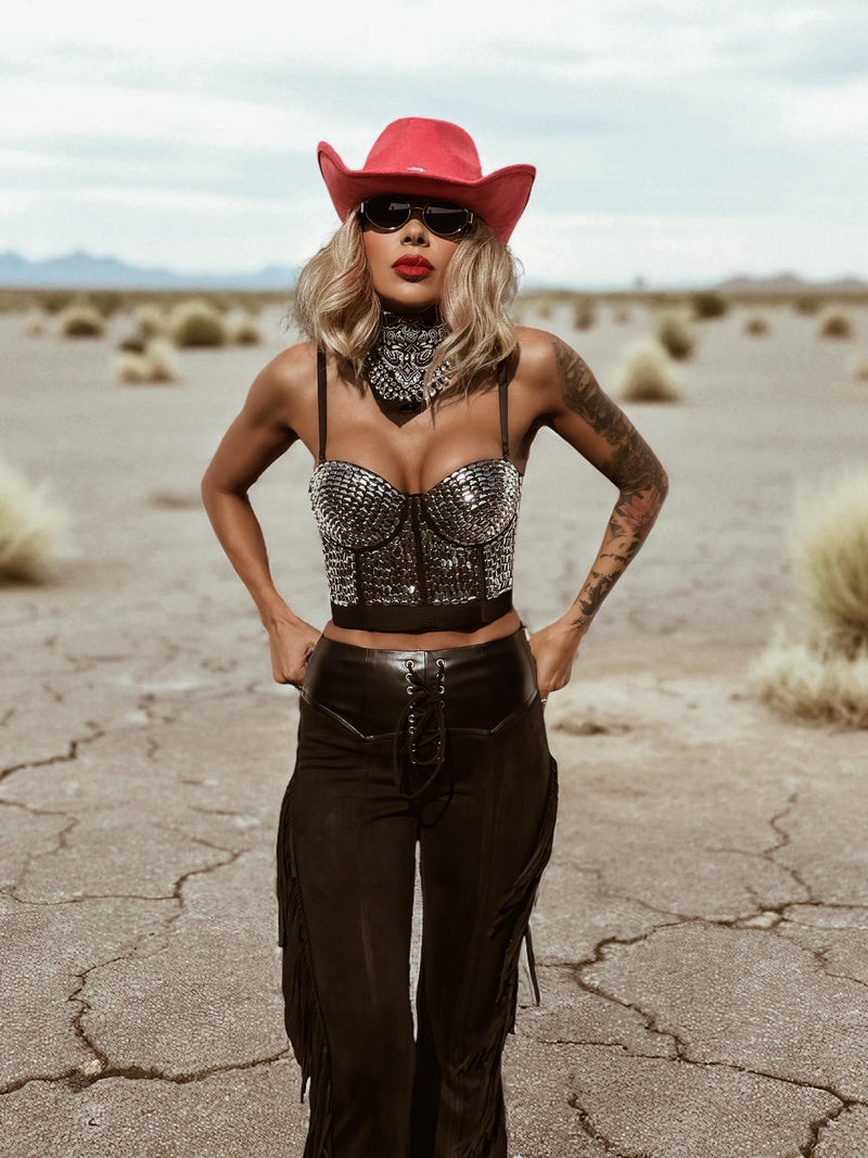 Studded Corset Top, Western Festival Bustier Top, Embellished Cowgirl Silver Top