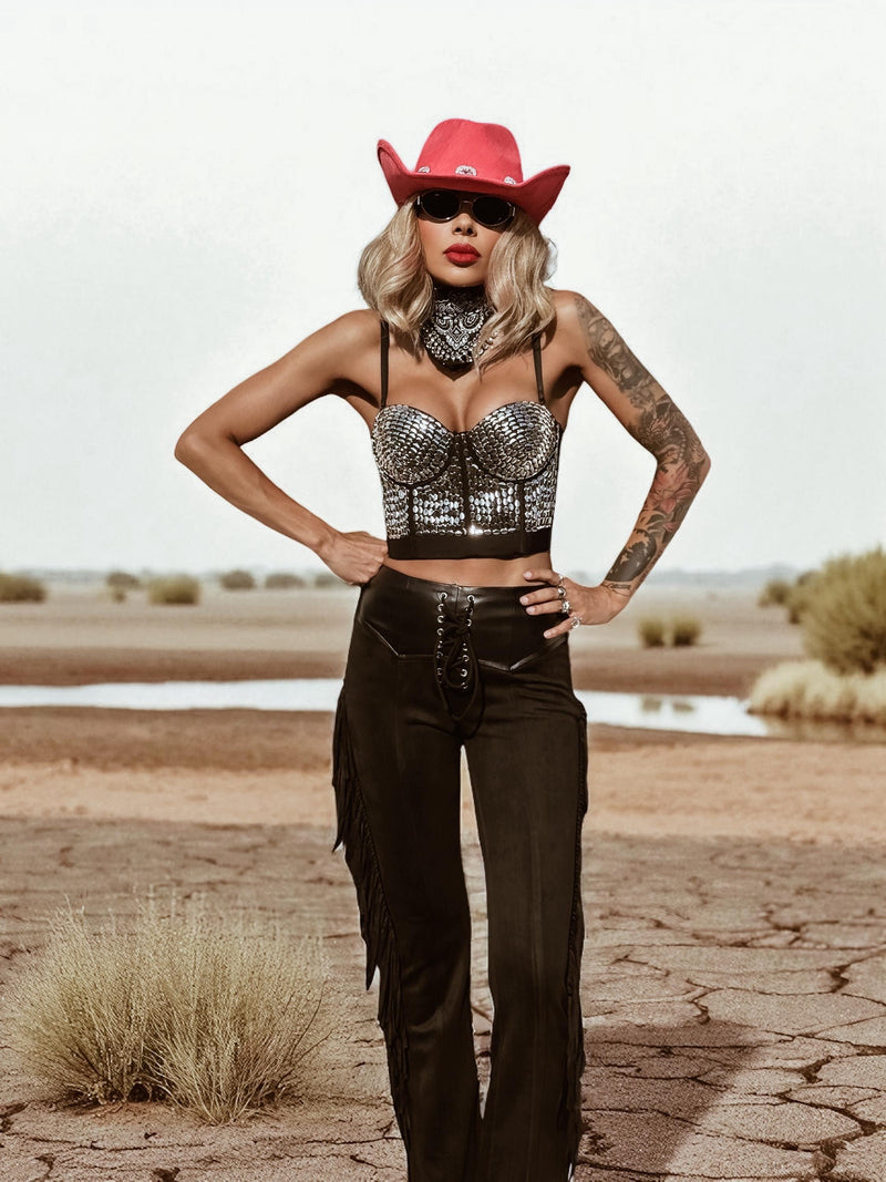 Studded Corset Top, Western Festival Bustier Top, Embellished Cowgirl Silver Top