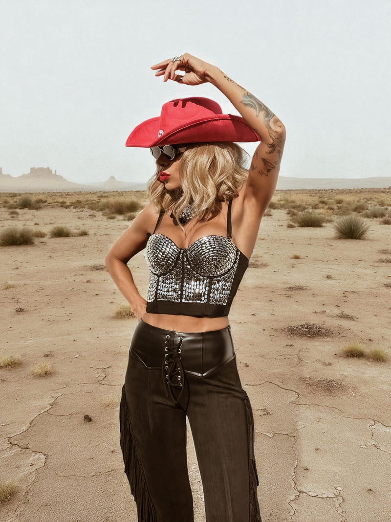 Studded Corset Top, Western Festival Bustier Top, Embellished Cowgirl Silver Top