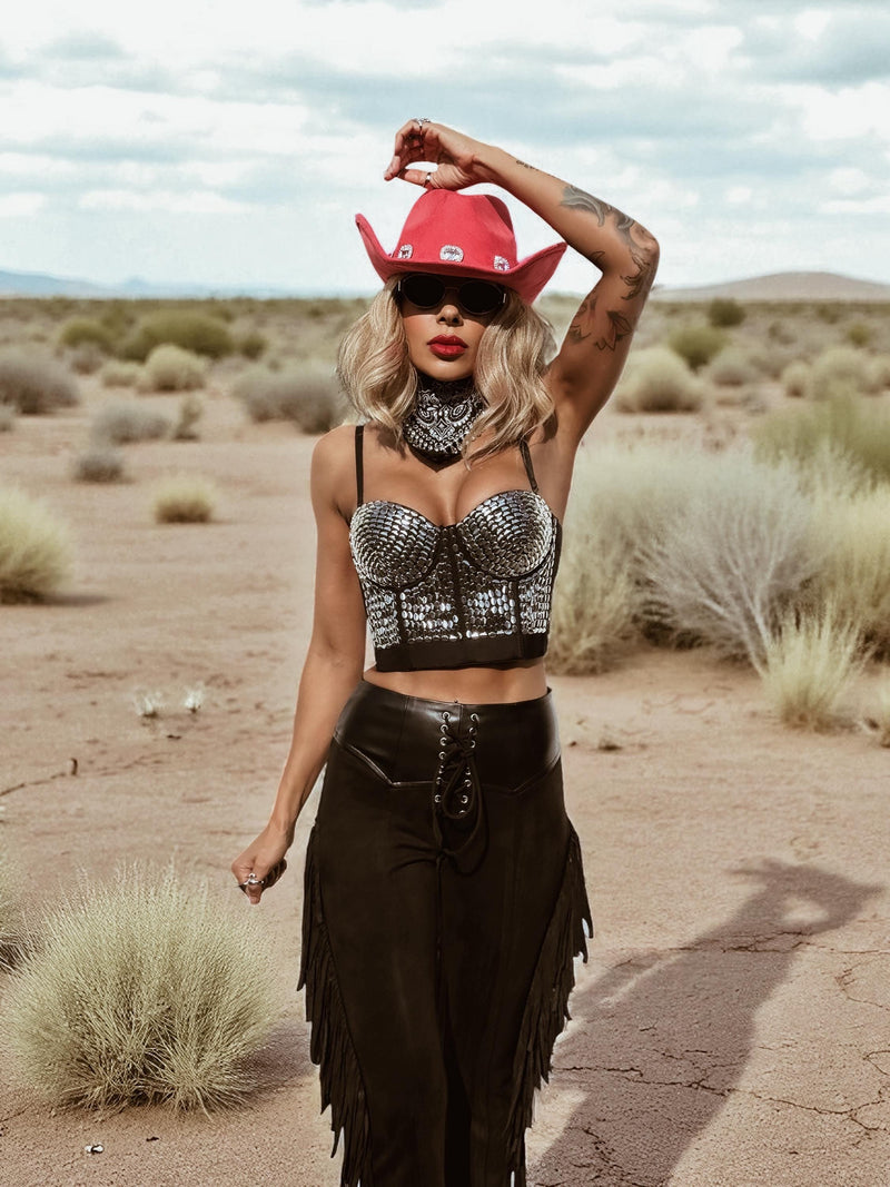 Studded Corset Top, Western Festival Bustier Top, Embellished Cowgirl Silver Top