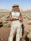Fringe Faux Suede Bell Bottom Pants, Faux Suede Flared Cowgirl Pants, Fringe Festival Studded Pants
