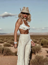 Fringe Faux Suede Bell Bottom Pants, Faux Suede Flared Cowgirl Pants, Fringe Festival Studded Pants