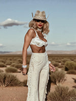Fringe Faux Suede Bell Bottom Pants, Faux Suede Flared Cowgirl Pants, Fringe Festival Studded Pants