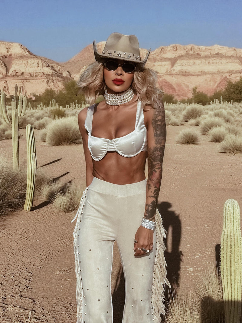 Fringe Faux Suede Bell Bottom Pants, Faux Suede Flared Cowgirl Pants, Fringe Festival Studded Pants